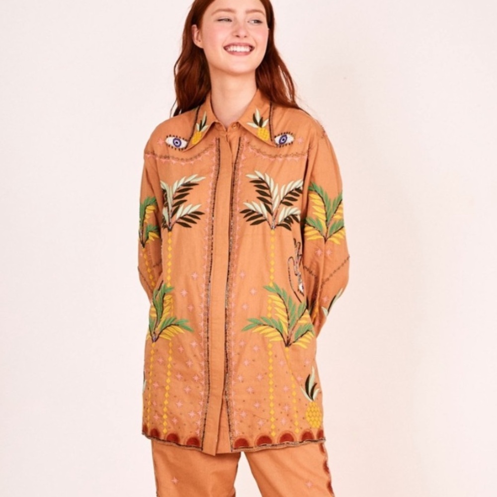 FARM Rio Tan Button-Down Shirt with Green Palm Embroidery
